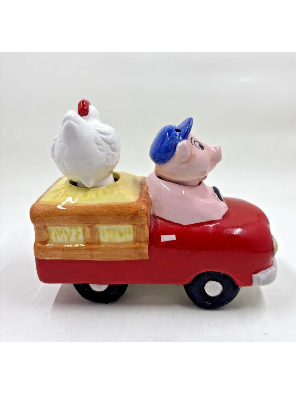 Vintage Clay Art  Pig Driving Truck with Chicken Nodding Shaker Set 1994